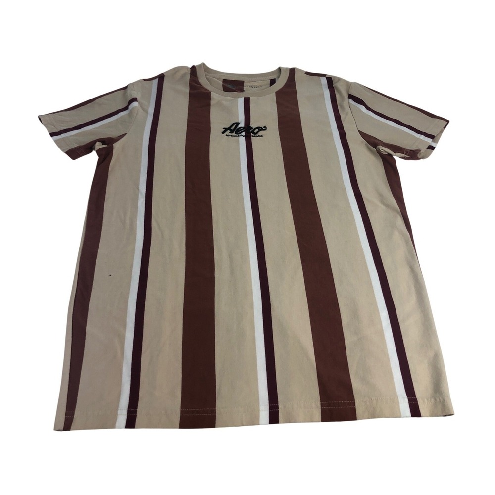 Aeropostale Mens T‎ Shirt Size M Brown Tan White Stripe Logo Short Sleeve